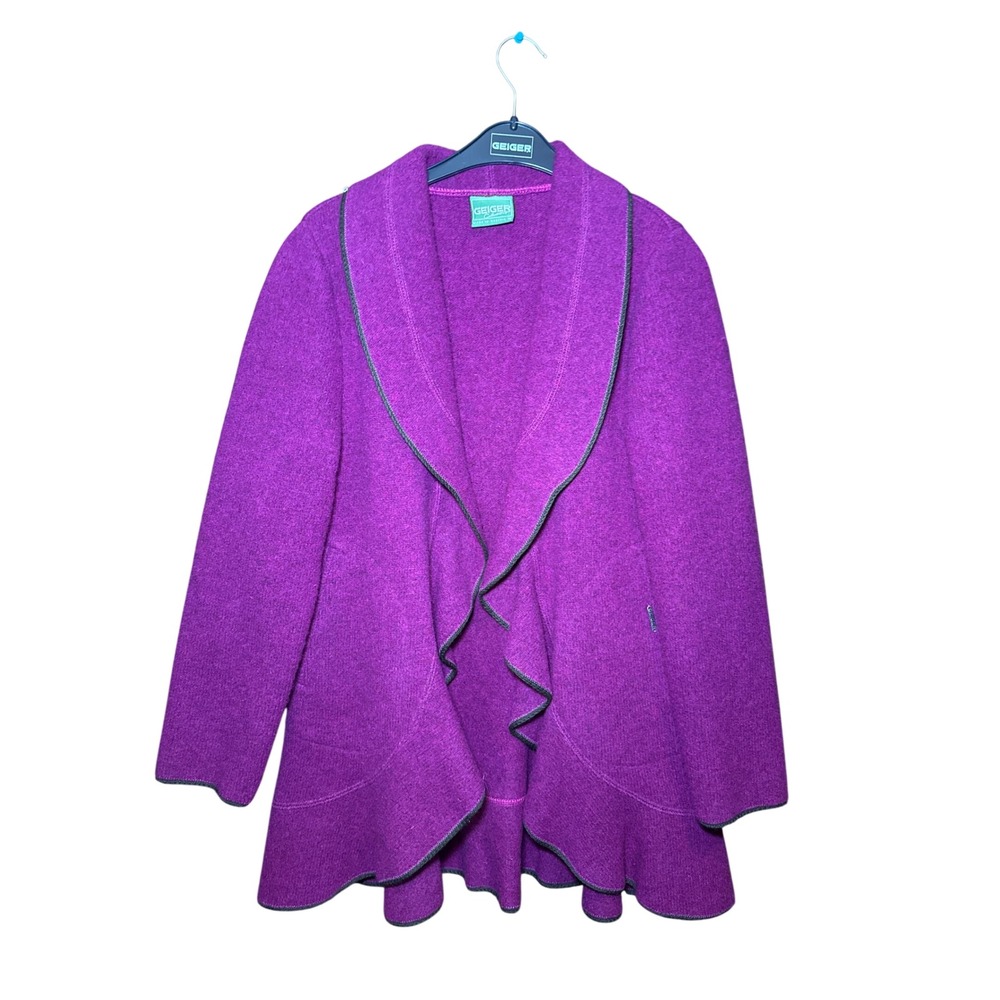 Geiger Collections Magenta Boiled Wool Ruffle Hem Open Jacket Made in Austria 36